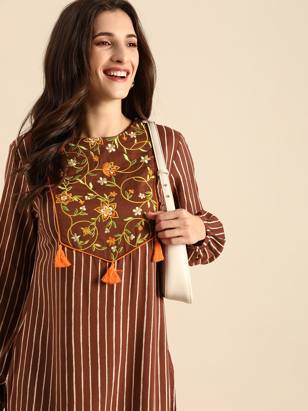 

all about you Women Maroon & White Striped Pure Cotton Kurta With Floral Yoke Design