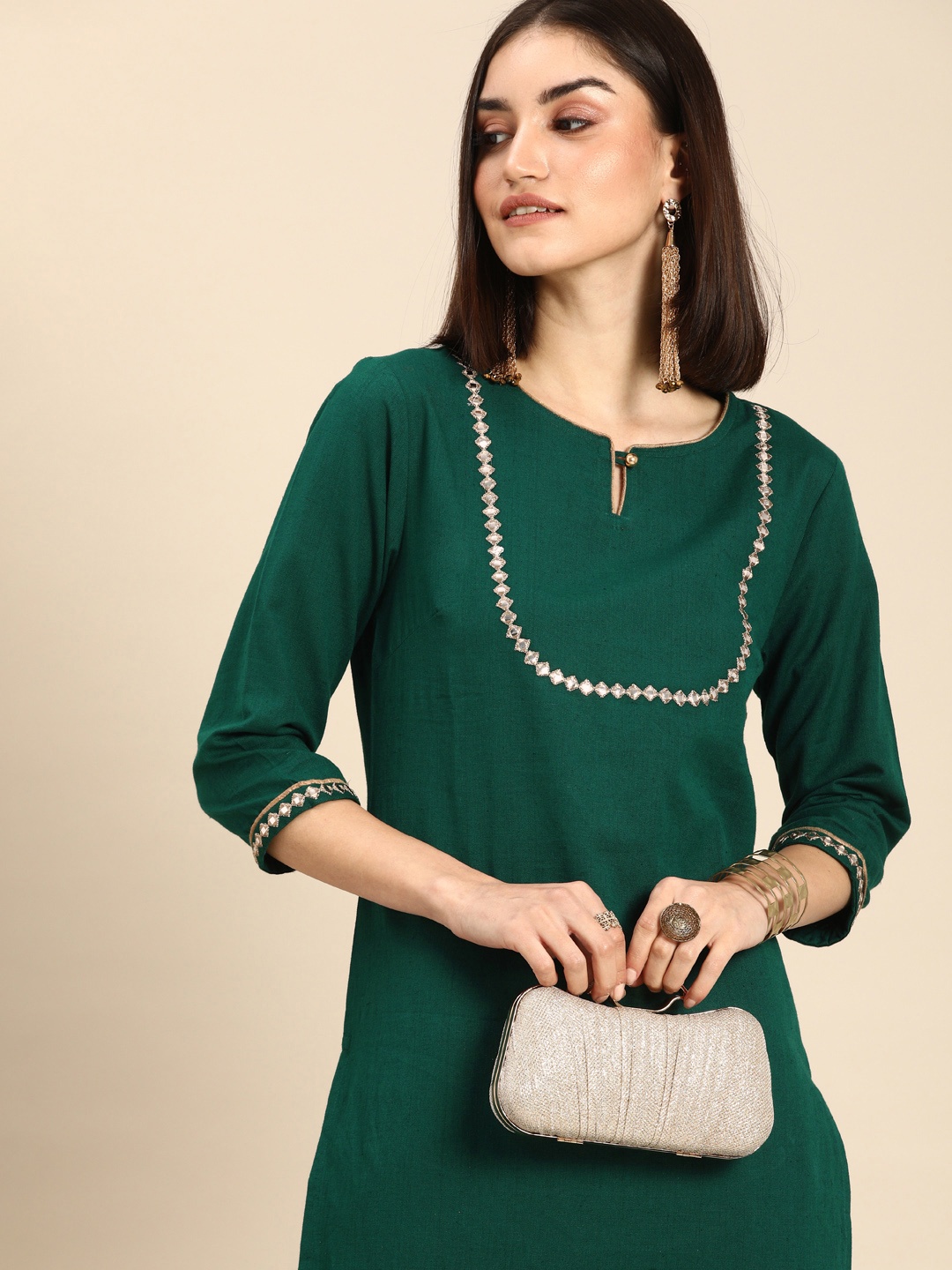 

all about you Women Green & Gold-Toned Keyhole Neck Gotta Patti Kurta