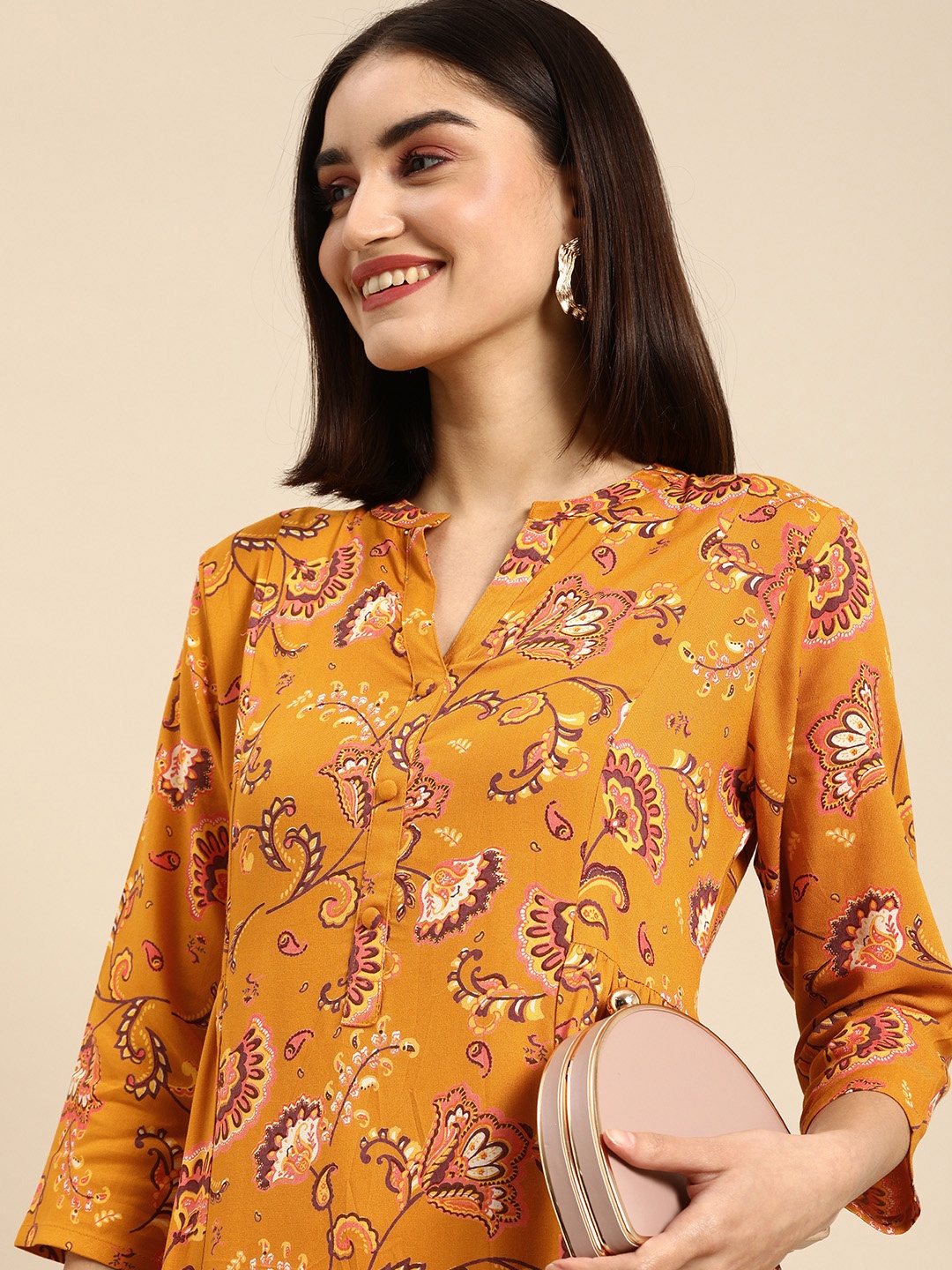 

all about you Women Mustard Yellow & Pink Floral Printed V-Neck Kurta