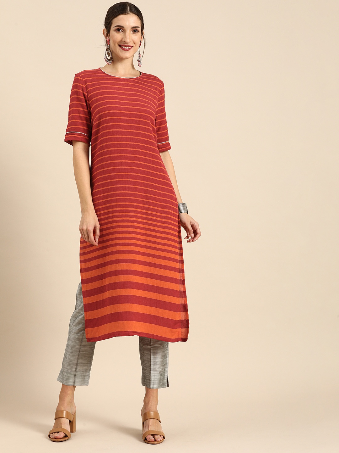 

all about you Women Red & Orange Striped Pure Cotton Kurta