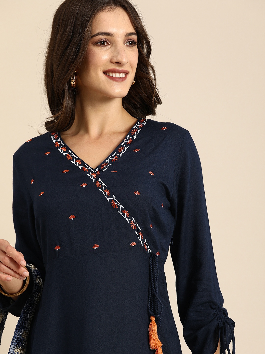 

all about you Women Navy Blue Floral Yoke Design V-Neck Fit And Flare Angrakha Kurta