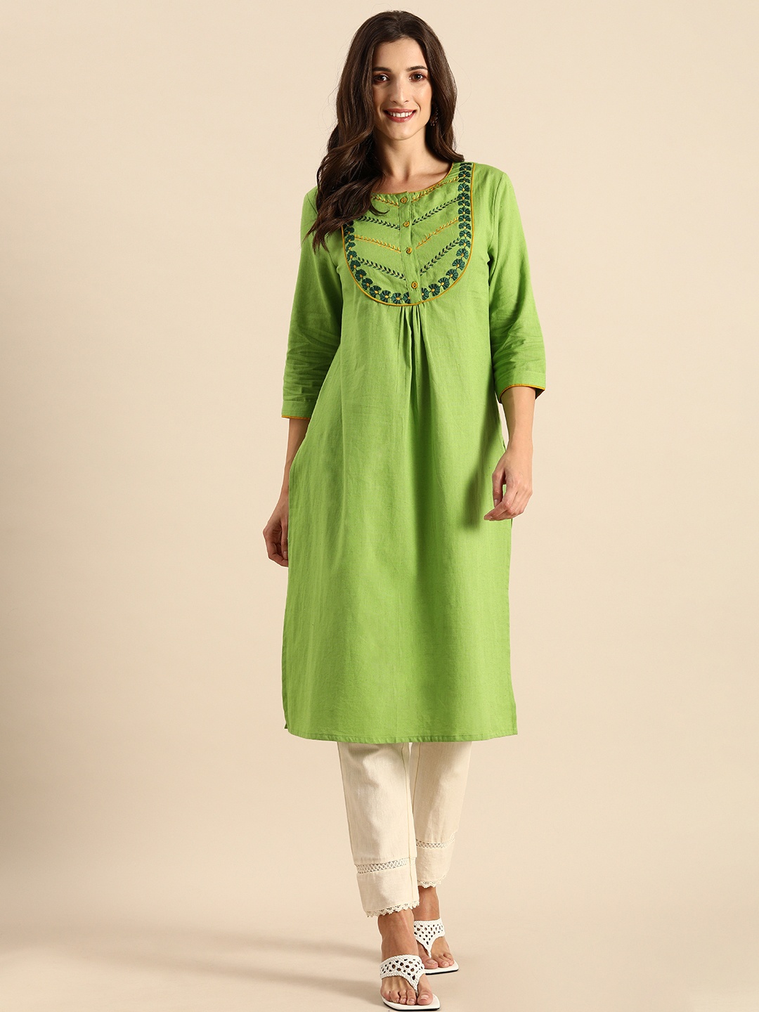 

all about you Women Green Ethnic Motifs Yoke Design Thread Work Pure Cotton Straight Kurta