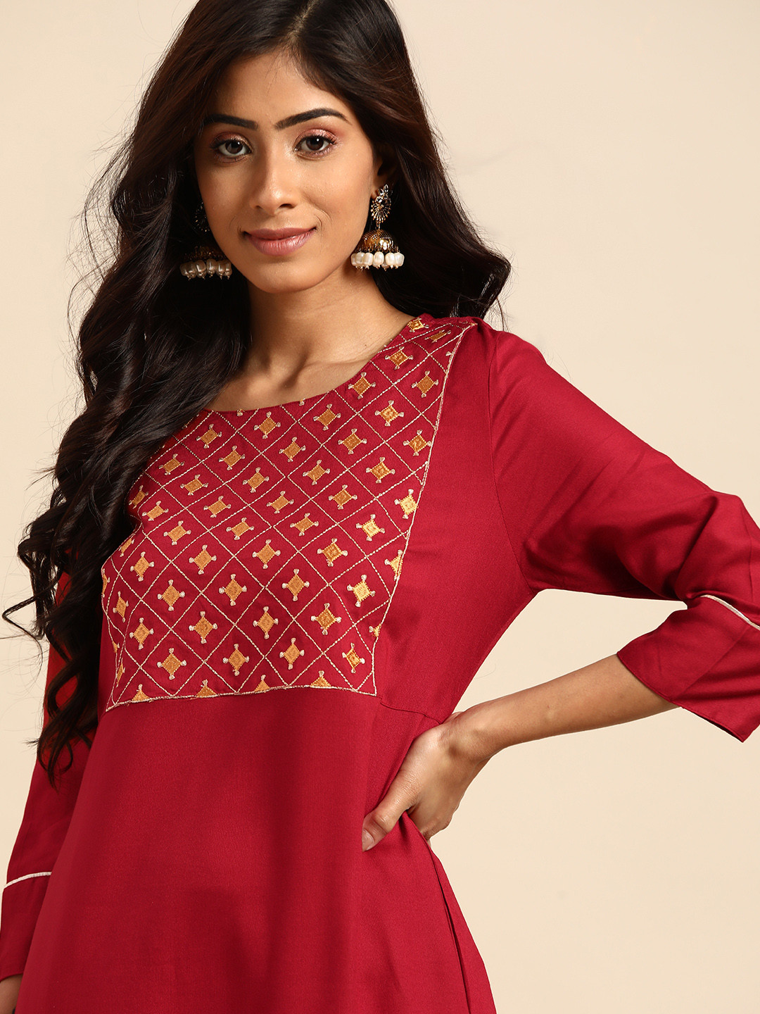 

all about you Women Maroon Embroidered Kurta