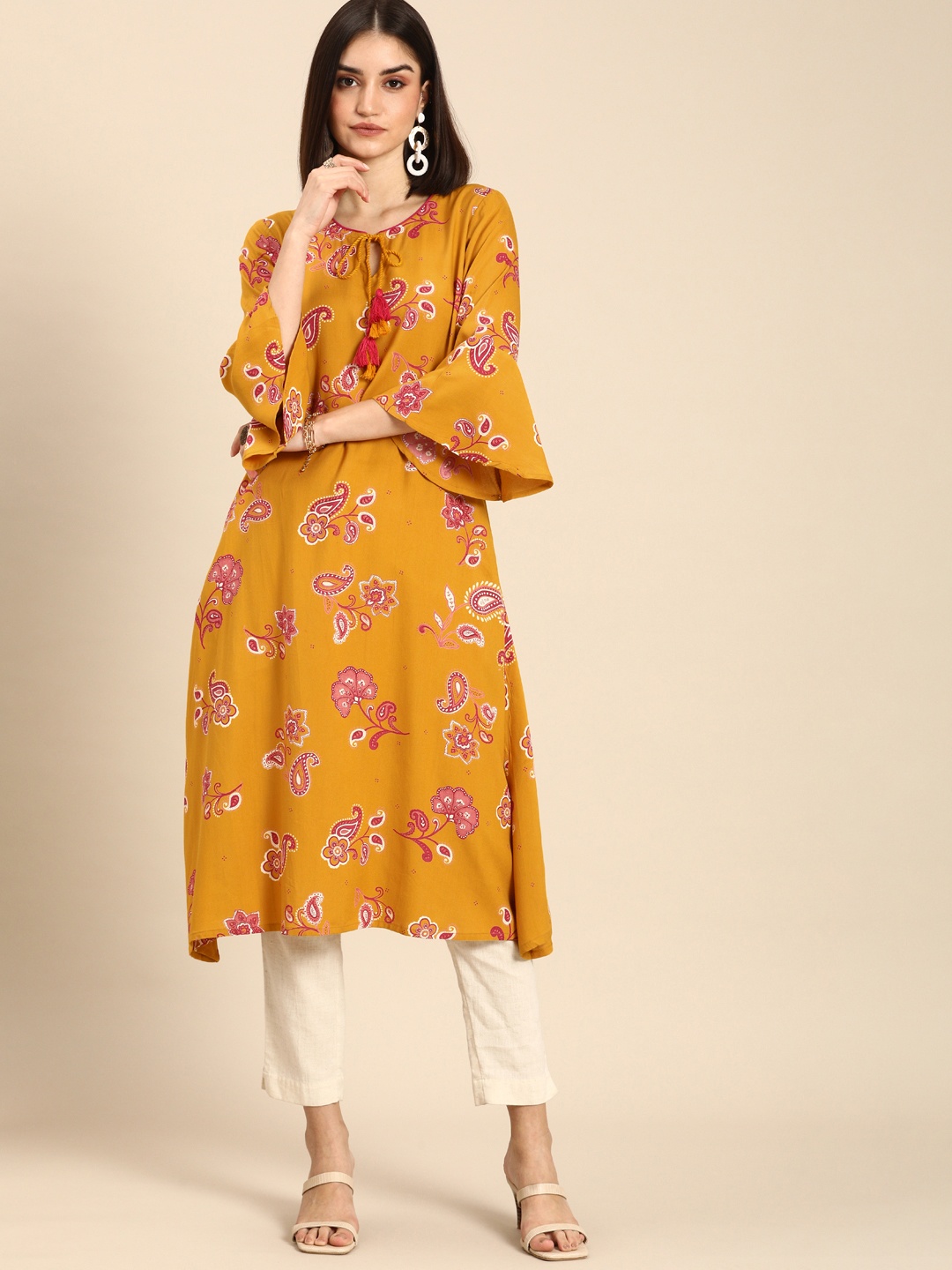 

all about you Women Mustard Yellow Ethnic Motifs Printed Flared Sleeves Kurta