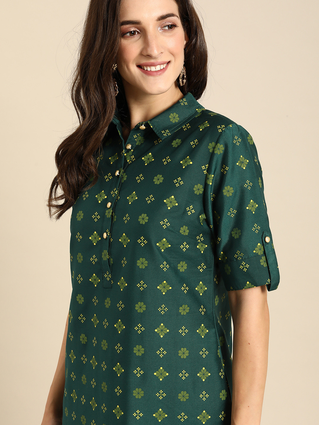 

all about you Women Green Ethnic Motifs Printed A-Line Kurta