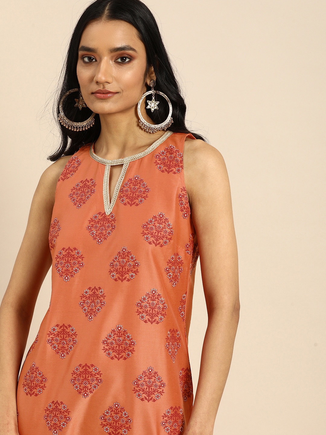 

all about you Women Orange & Red Ethnic Motifs Printed Keyhole Neck Kurta, Coral