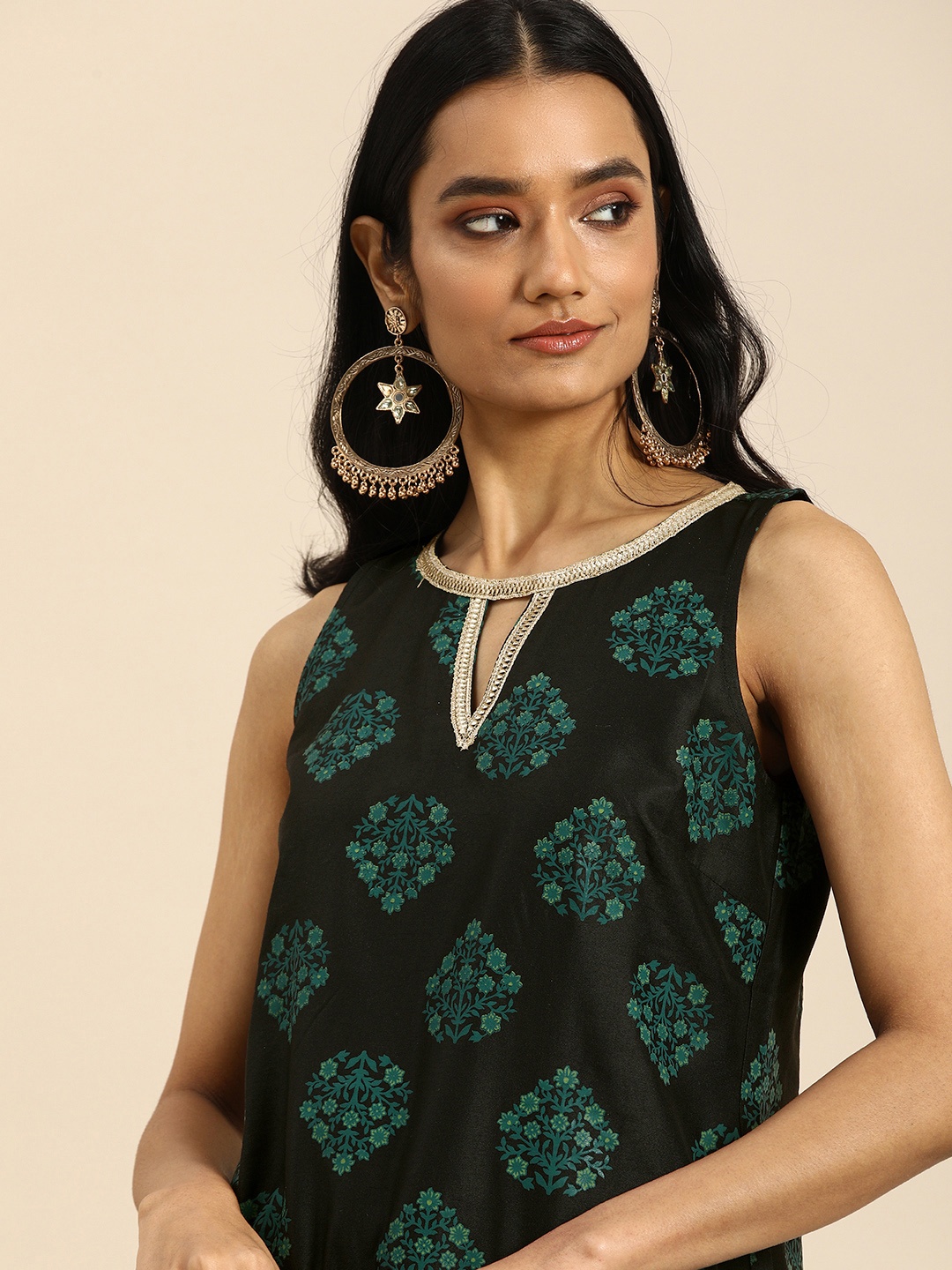 

all about you Women Black & Teal Blue Ethnic Motifs Printed Keyhole Neck Kurta