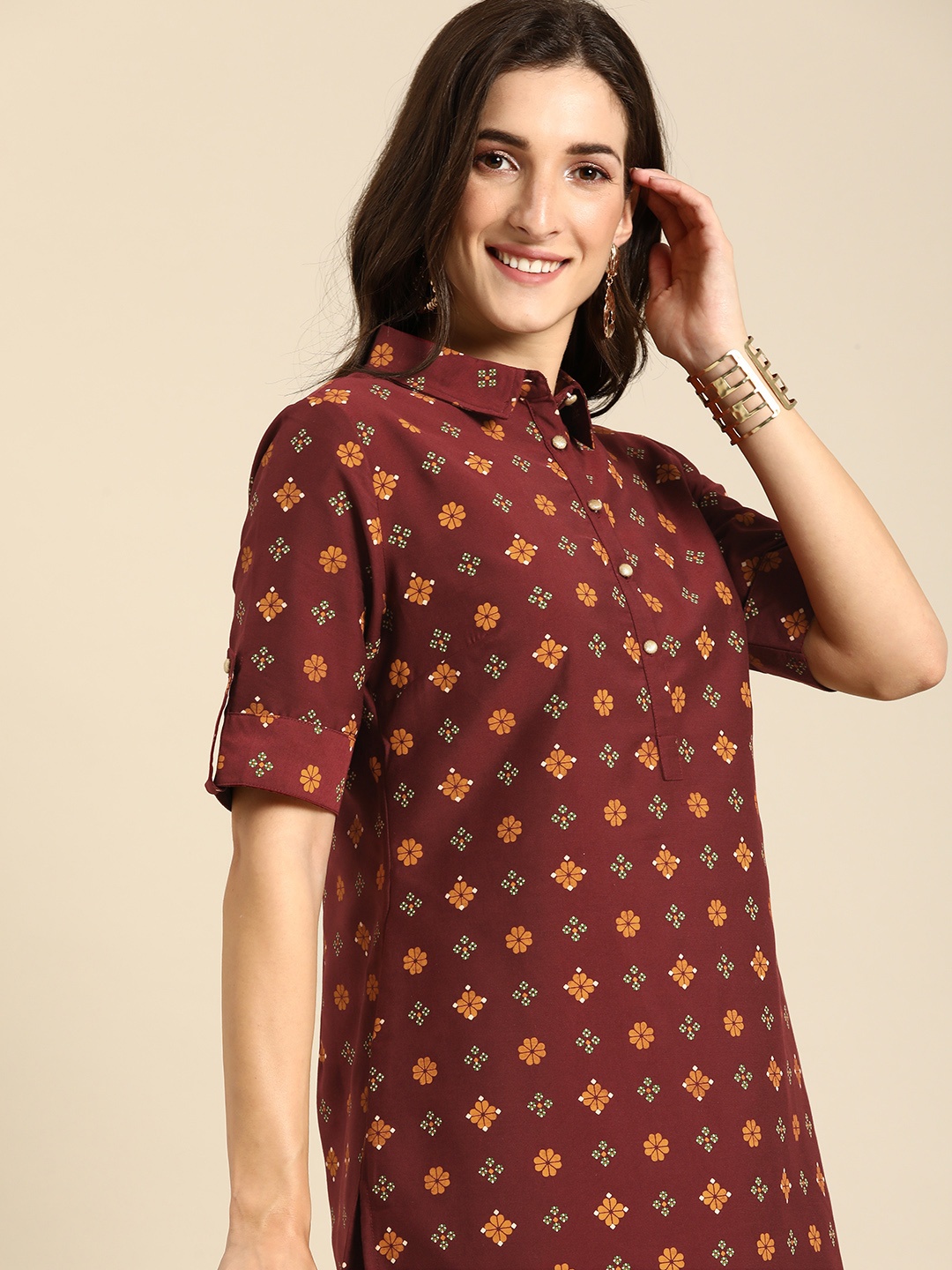 

all about you Women Maroon & Mustard Yellow Ethnic Motifs Printed A-Line Kurta