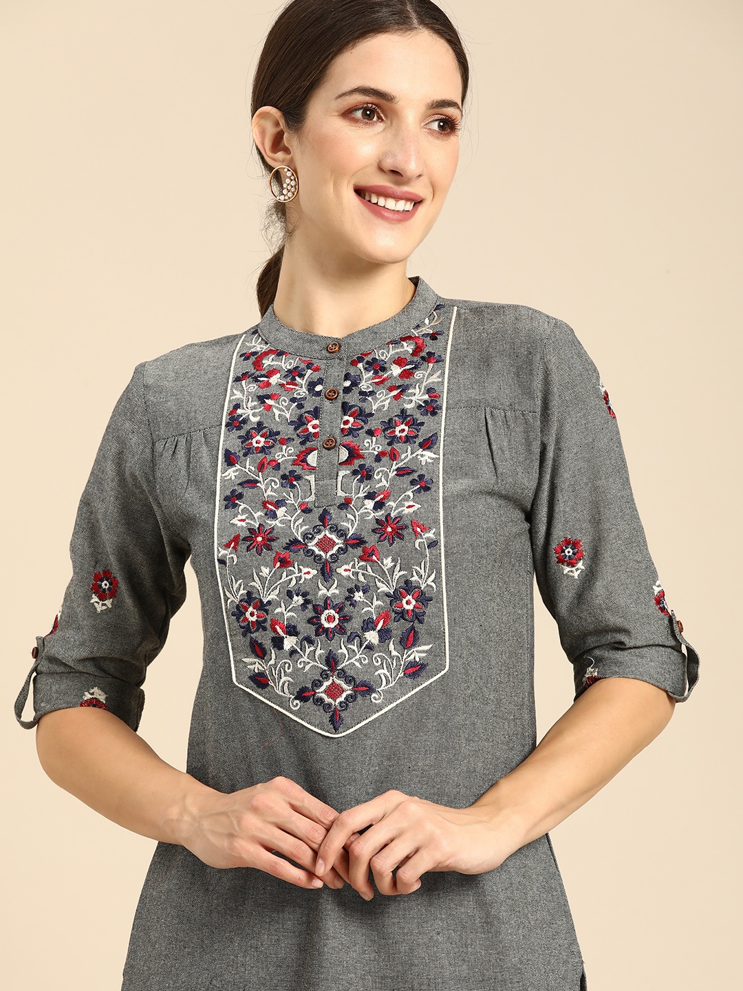 

all about you Women Grey Floral Embroidered Floral Kurta