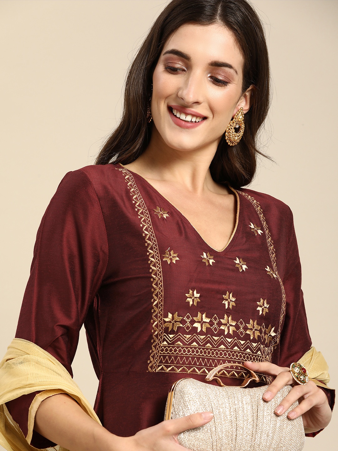 

all about you Women Maroon Floral Yoke Design V-Neck Anarkali Kurta