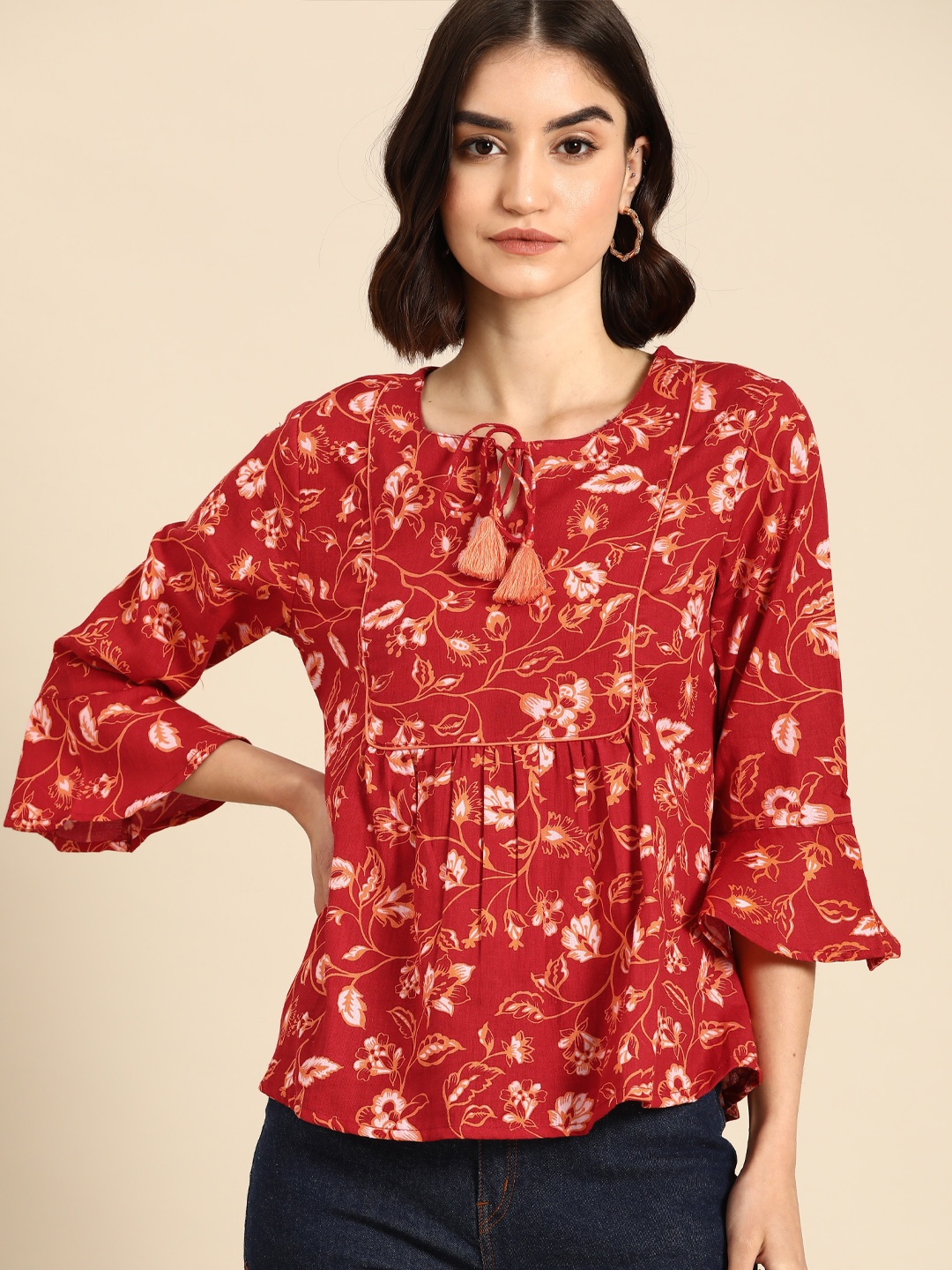

all about you Women Maroon & Orange Pure Cotton Floral Printed Top