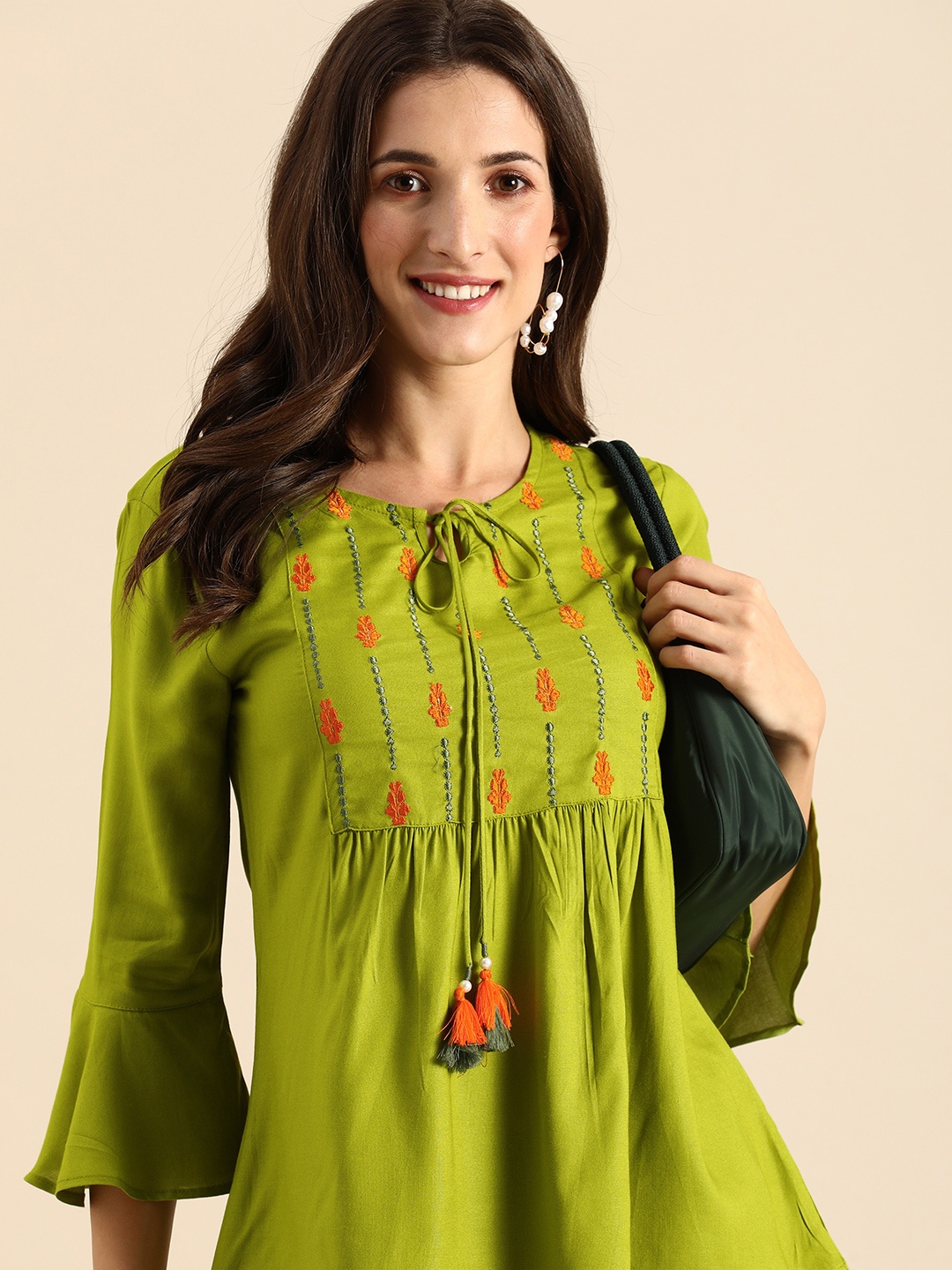 

all about you Green Ethnic Motifs Embellished Thread Work Empire Styled Kurti