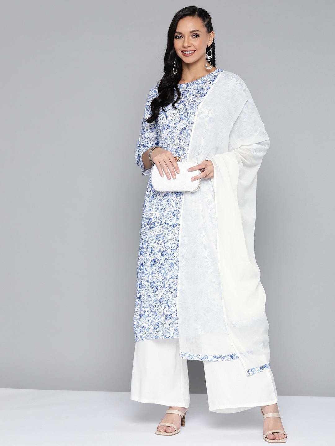 

HERE&NOW Women White & Navy Blue Ethnic Printed Kurta with Palazzos & Dupatta