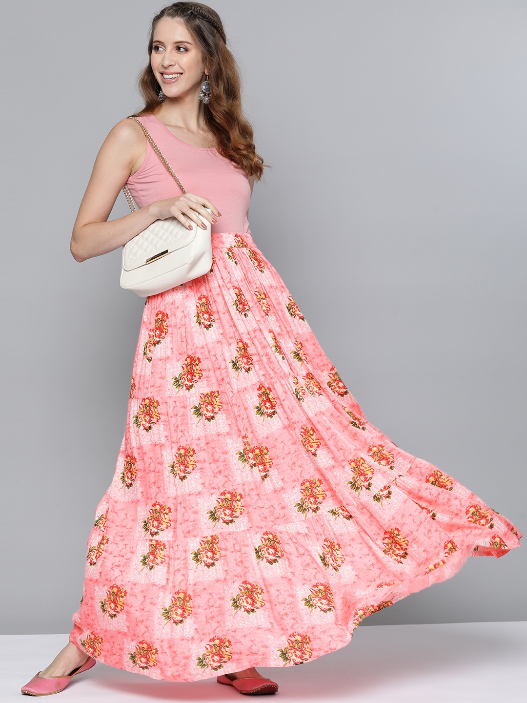 

HERE&NOW Women Pink & Green Floral Print Tiered Flared Maxi Skirt