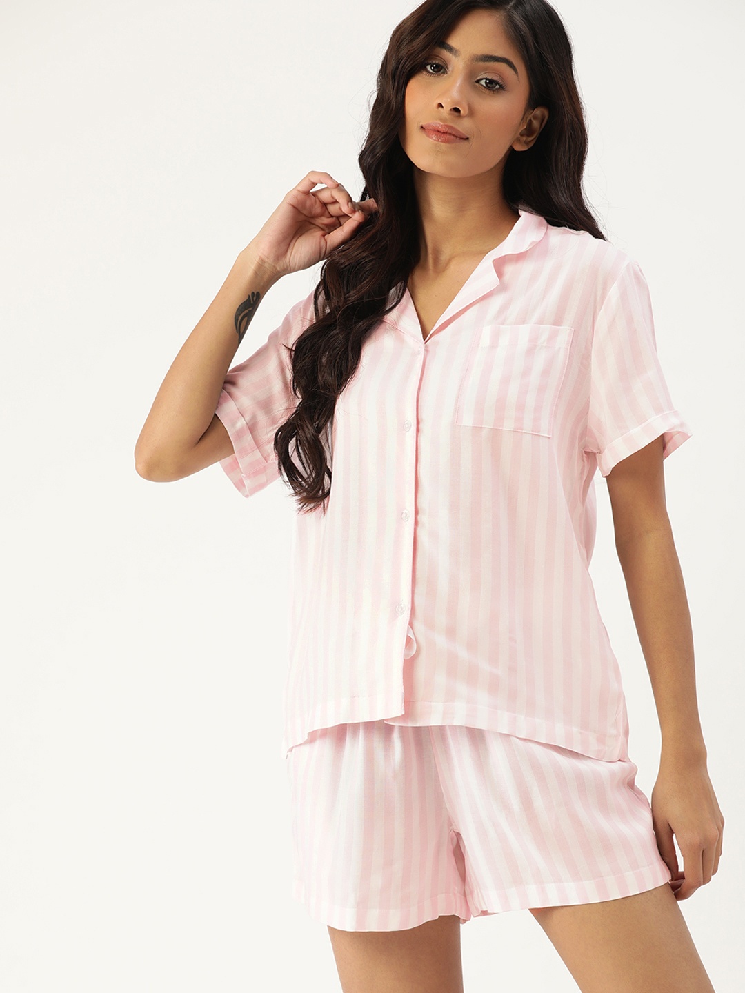

ETC Women Pink & White Striped Shorts Set