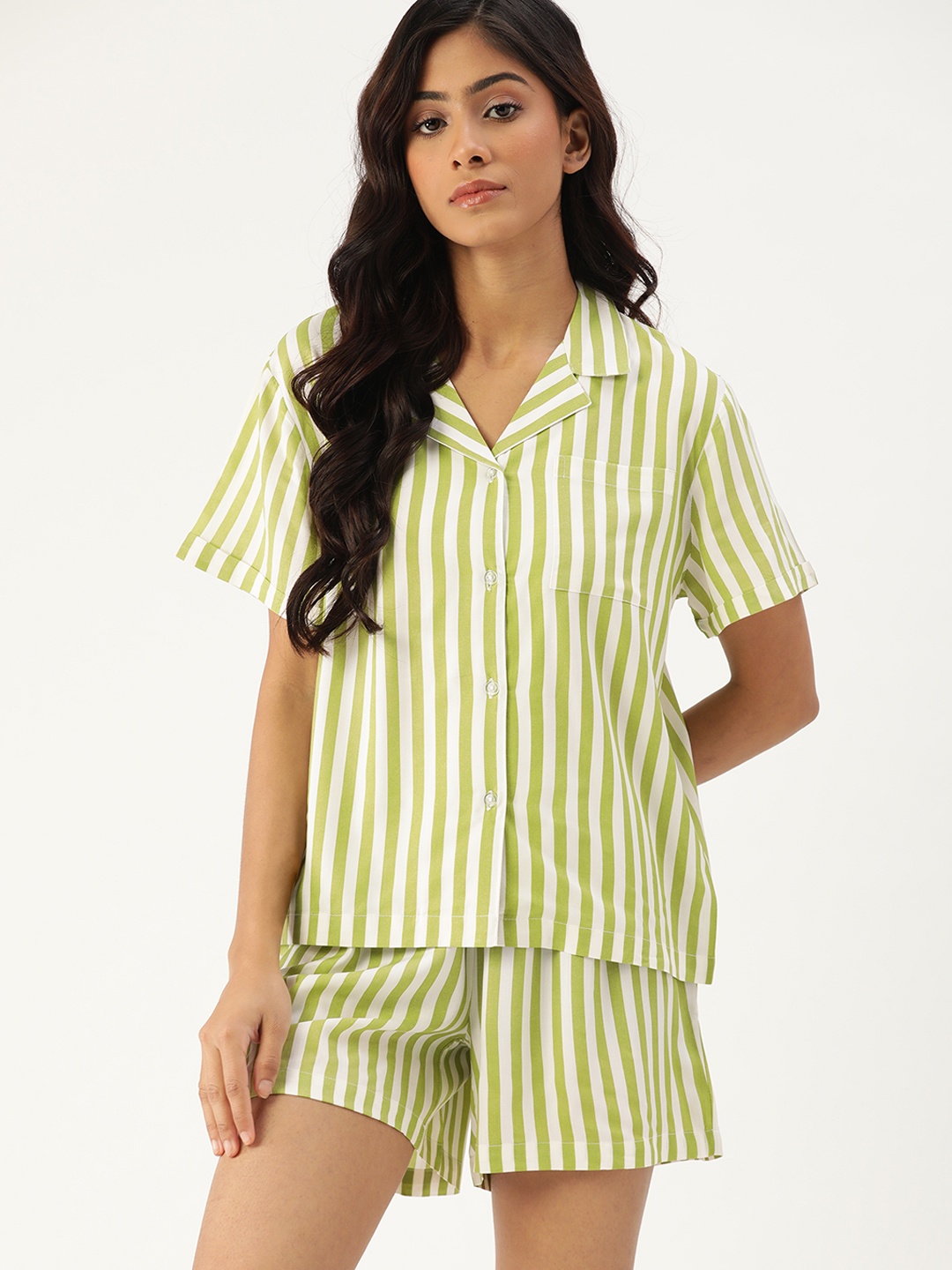 

ETC Women Green & White Striped Shorts Set