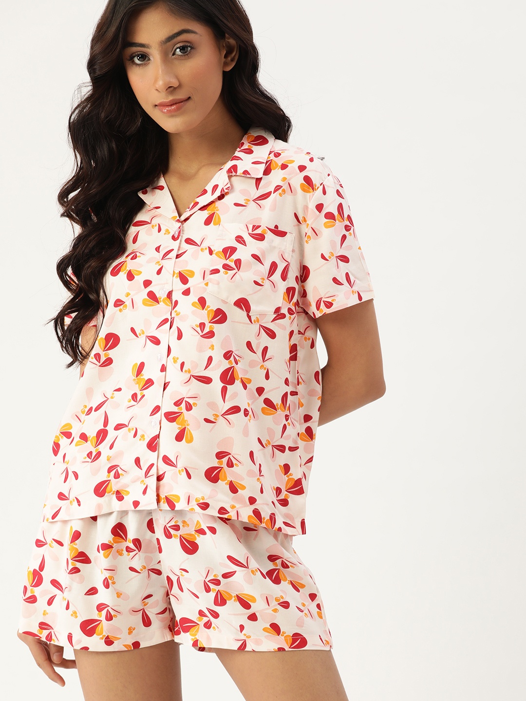 

ETC Women White & Red Floral Printed Shorts Set With Patch Pocket Detail