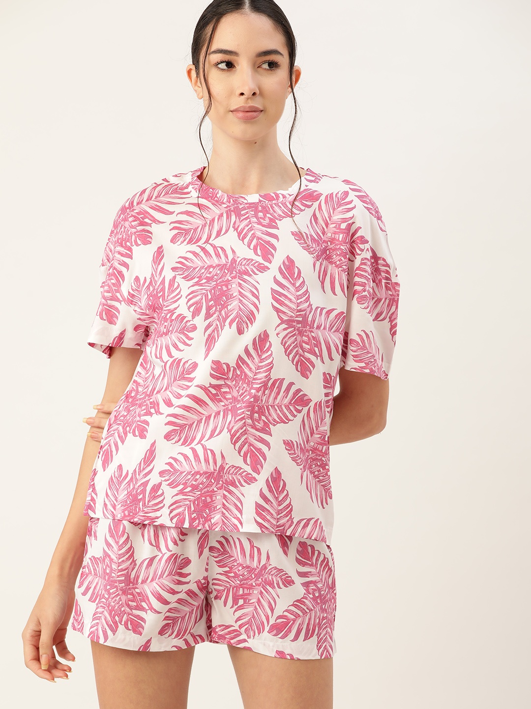 

ETC Women Pink & White Tropical Print Shorts Set