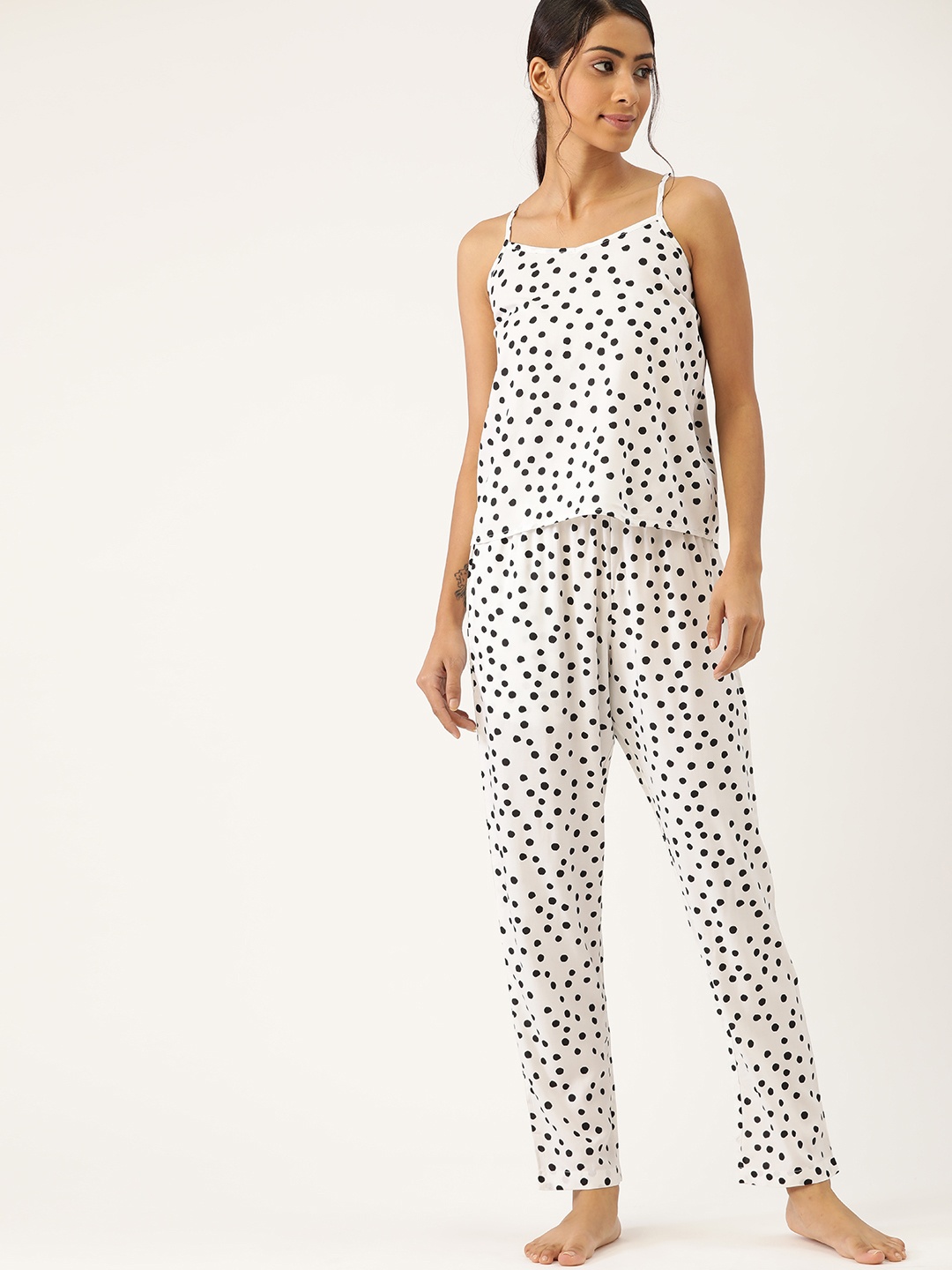 

ETC Women Off White & Black Polka Dots Printed Pyjama Set