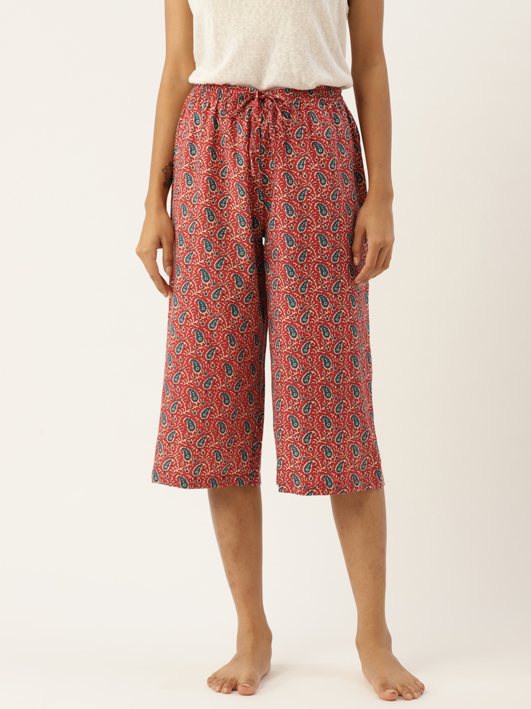 

ETC Women Red & Teal Blue Paisley Print Parallel Cropped Lounge Pants