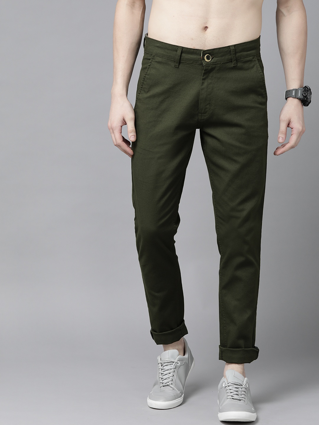 

Roadster Men Olive Green Solid Dobby Weave Trousers