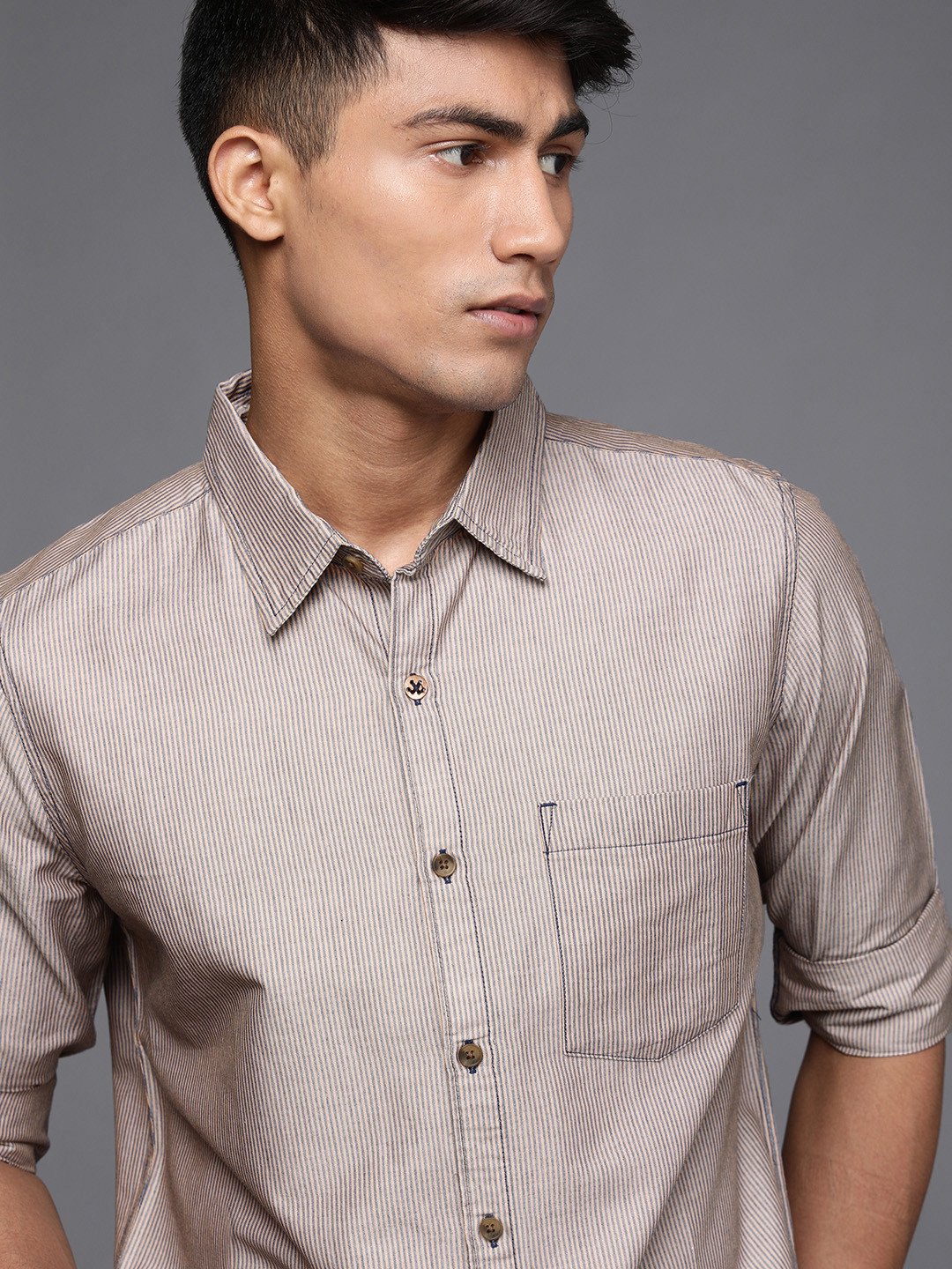 

WROGN Men Beige Smart Fit Striped Casual Shirt