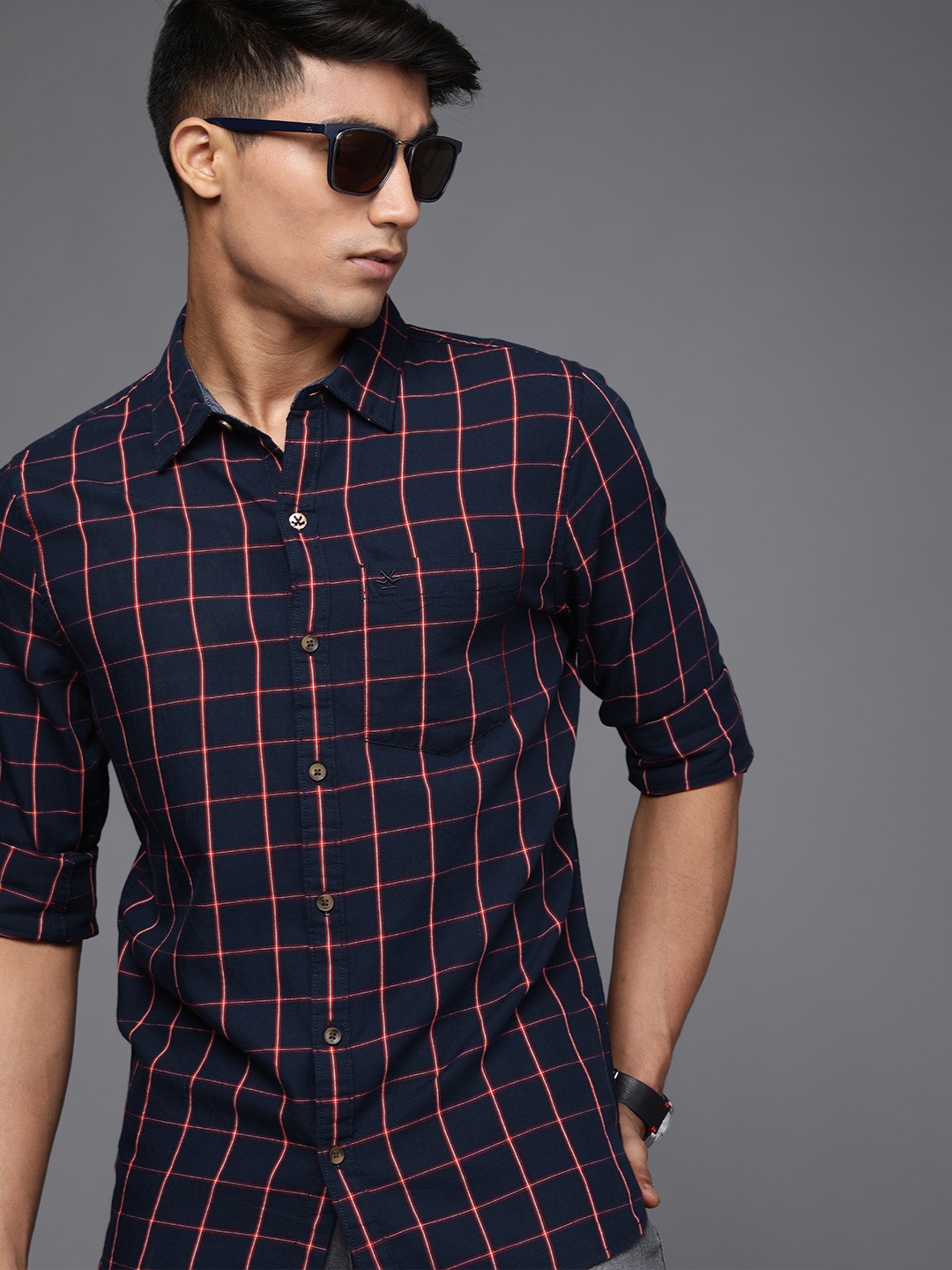 

WROGN Men Navy Blue Slim Fit Windowpane Checks Casual Shirt