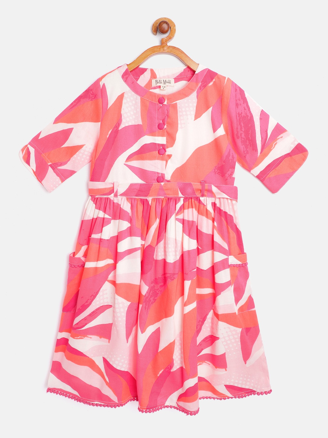 

Bella Moda Girls Pink & White Abstract Printed Fit & Flare Dress