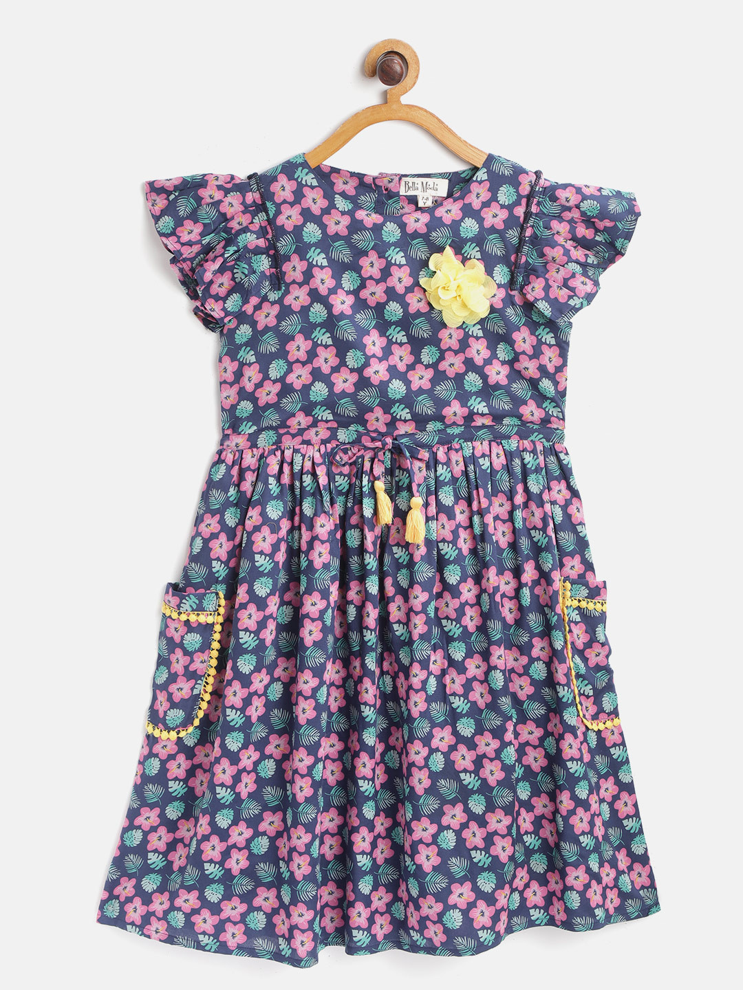 

Bella Moda Girls Navy Blue & Pink Floral Print Fit and Flare Dress