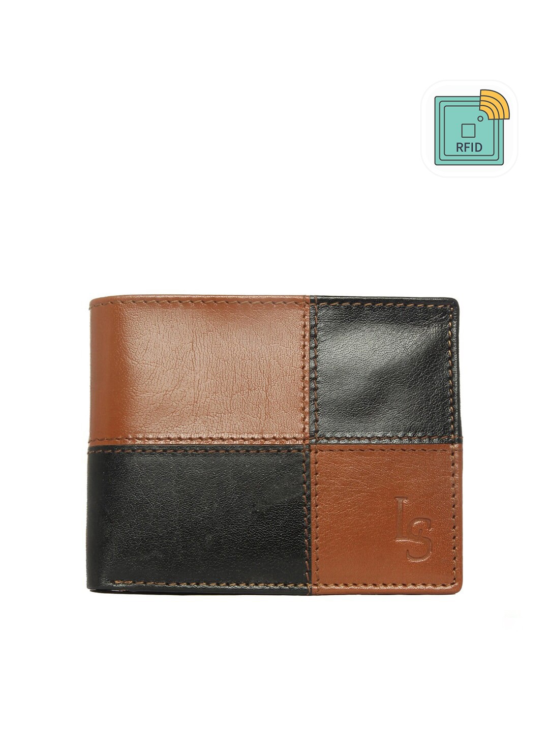 

LOUIS STITCH Men Black & Brown Colourblocked Leather Two Fold Wallet with RFID