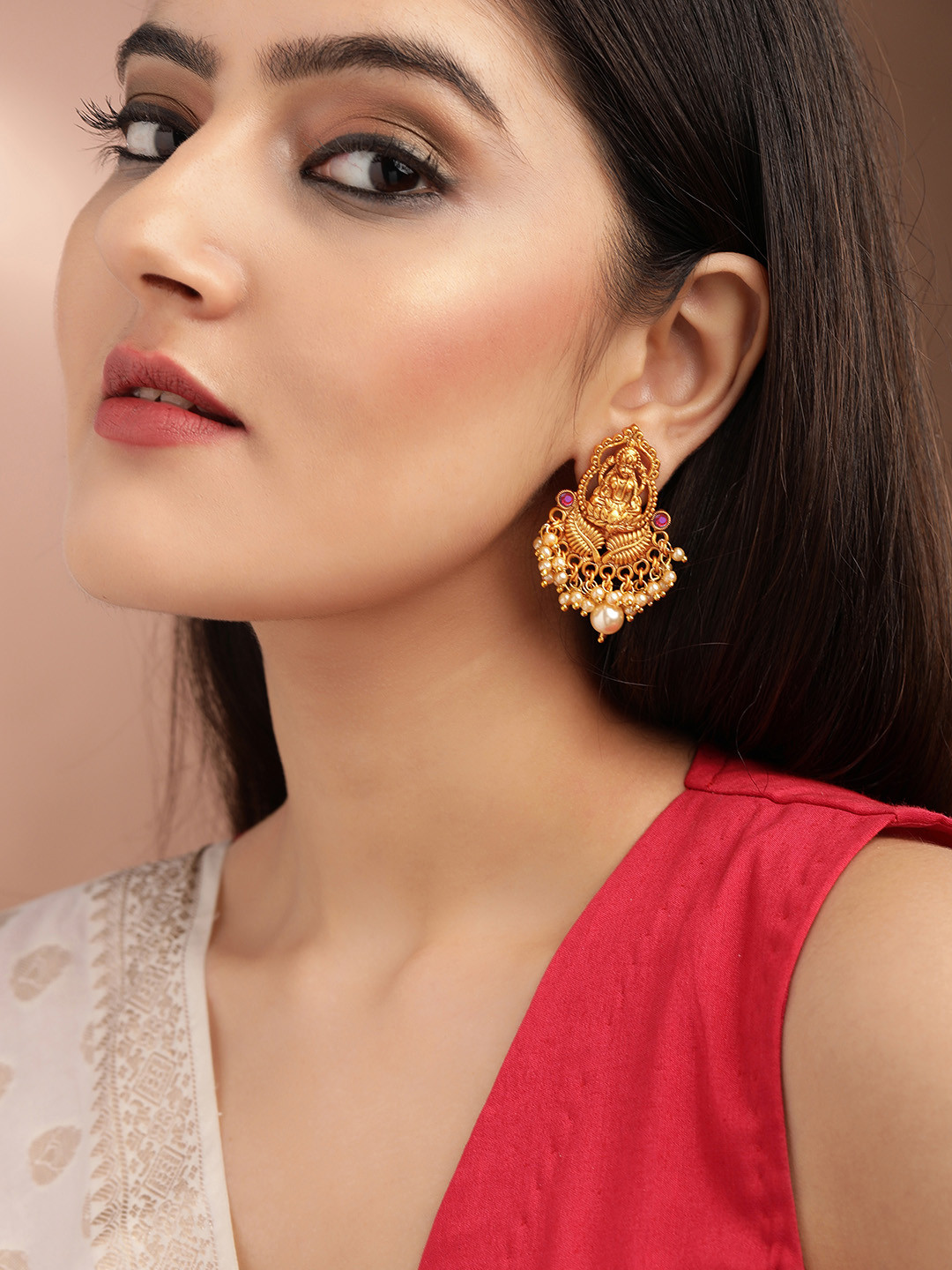 

Rubans Women Gold-Toned Pearl Studded Contemporary Lakshmi Chandbali Earrings