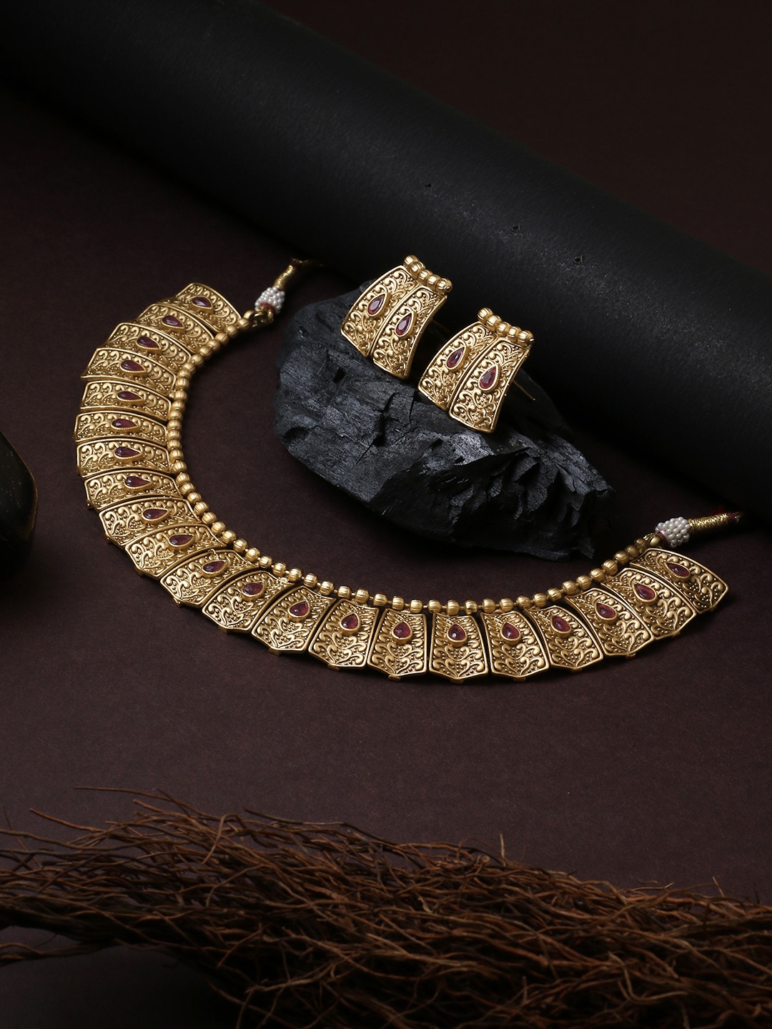 

Adwitiya Collection 24CT Gold-Plated Red Ruby-Studded Antique Jewellery Set