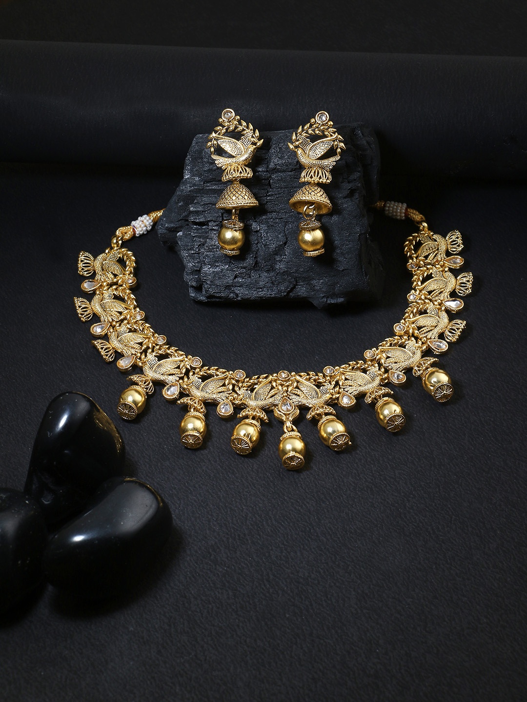 

Adwitiya Collection 24 CT Gold-Plated & White Stone-Studded Handcrafted Bird Traditional Jewellery Set