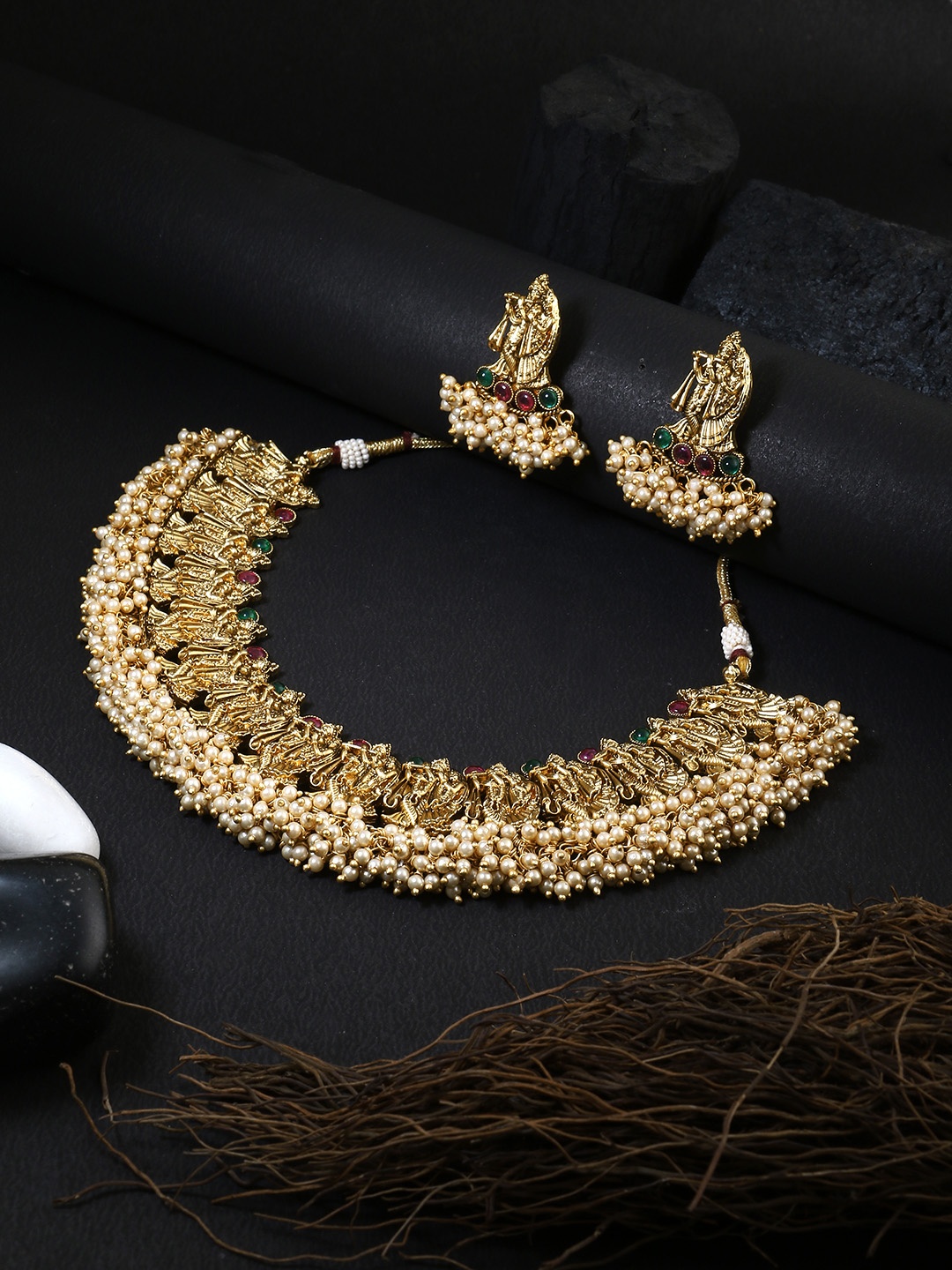 

Adwitiya Collection Gold-Plated Pink & Green Stone-Studded & Pearl Beaded Antique Temple Jewellery Set