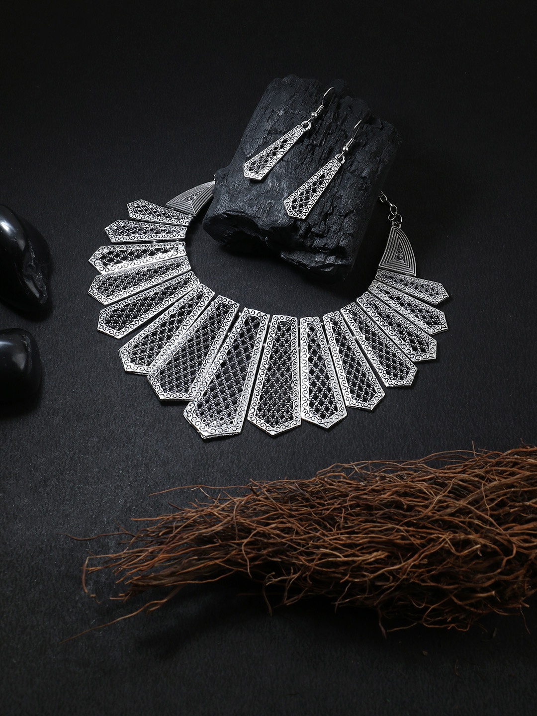 

Adwitiya Collection Oxidised Silver-Plated Handcrafted Jewellery Set