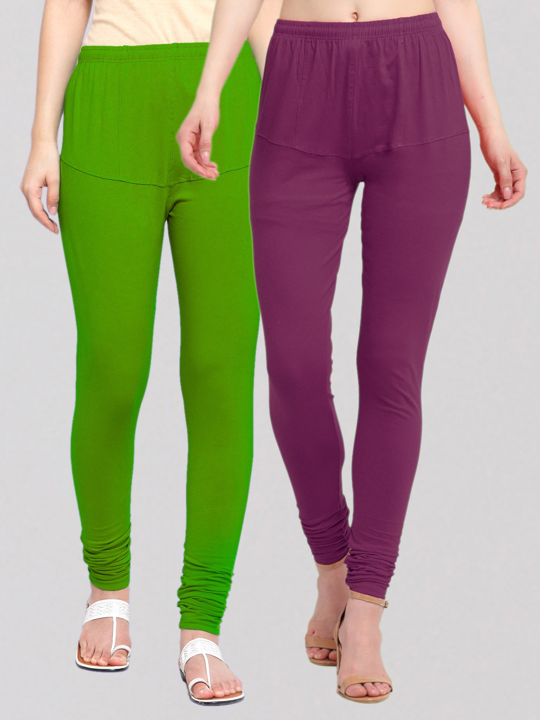 

KLOTTHE Women Pack Of 2 Green & Purple Solid Churidar-Length Cotton Leggings