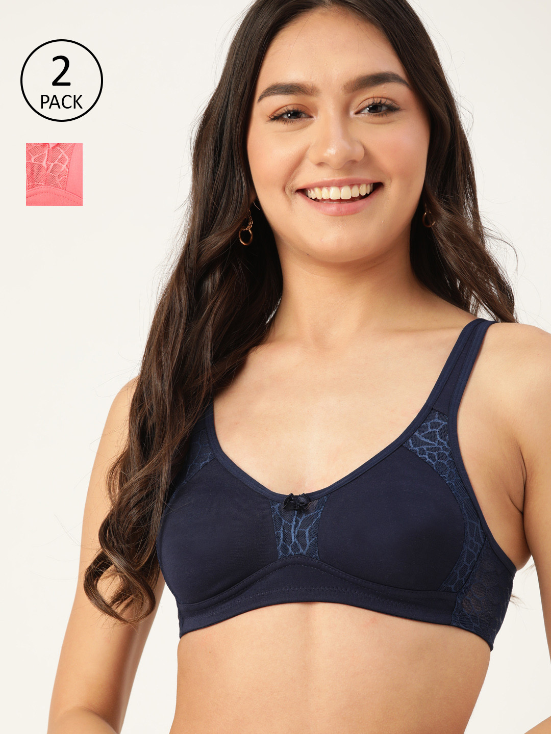 

DressBerry Pack Of 2 Pink & Navy Solid Everyday Lace Bra PM-DB-NWNP-17-2pp