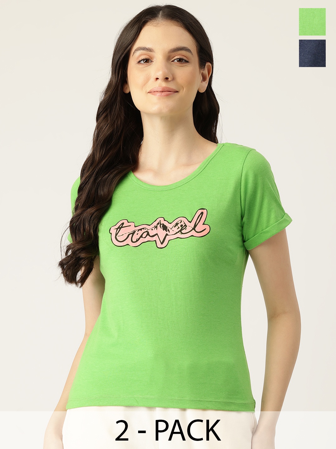 

ETC Pack of 2 Women Printed Lounge T Shirts, Green