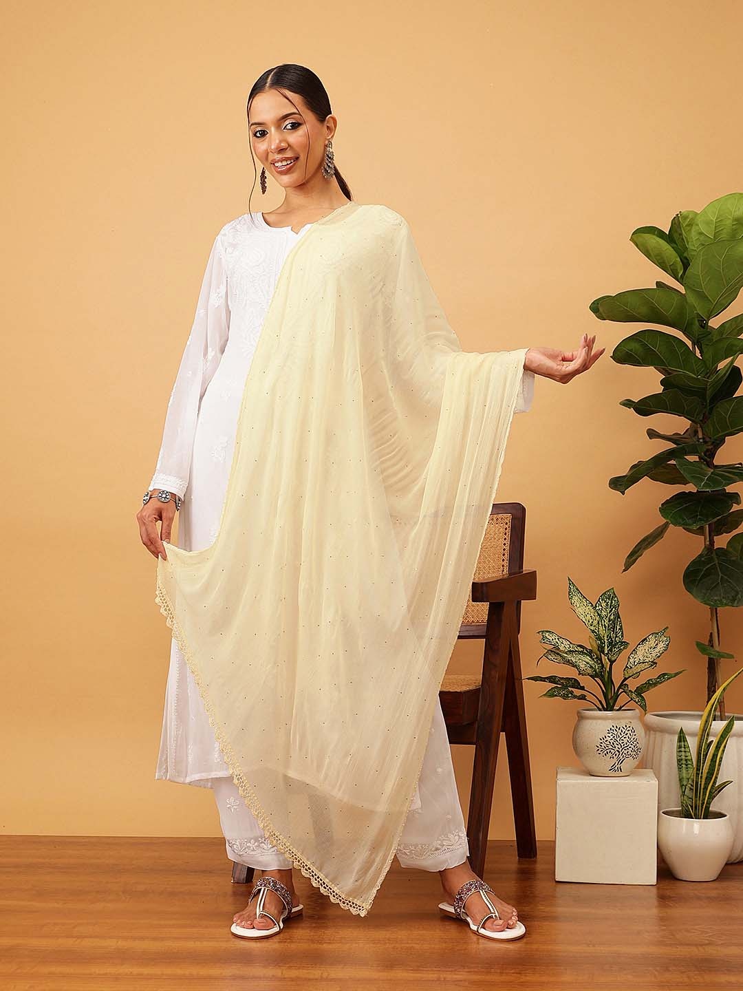 

ADA Beige Mukaish Work Handloom Dupatta with Hand Embroidered Border