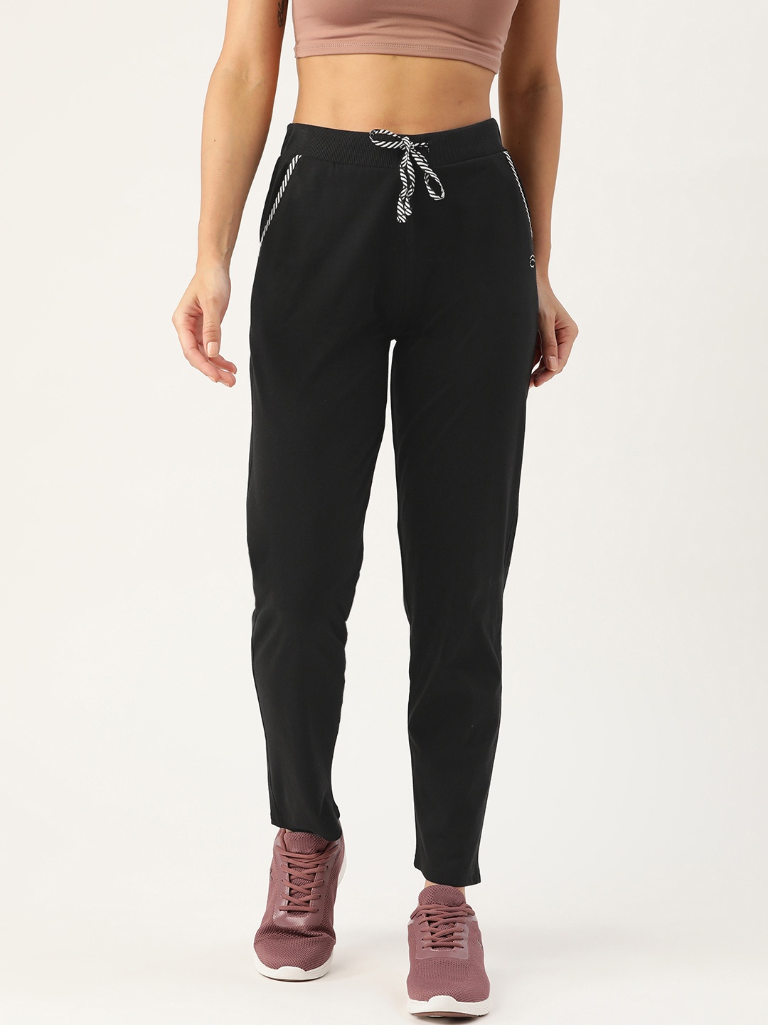 

Women Black Solid Knit Cotton Rich Straight-Fit Track Pants