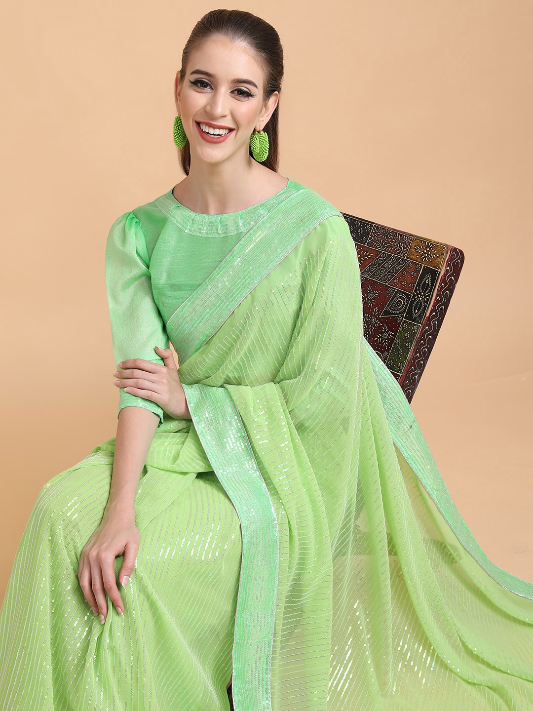 

Sangria Women Green Embellished Sequinned Heavy Work Saree