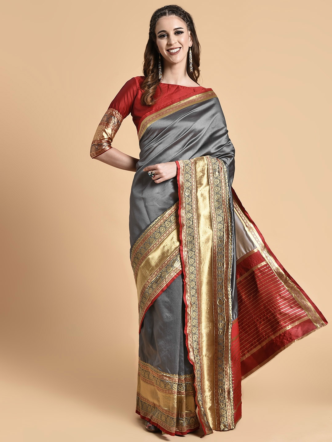

Sangria Women Grey Melange & Red Zari Heavy Work Banarasi Saree