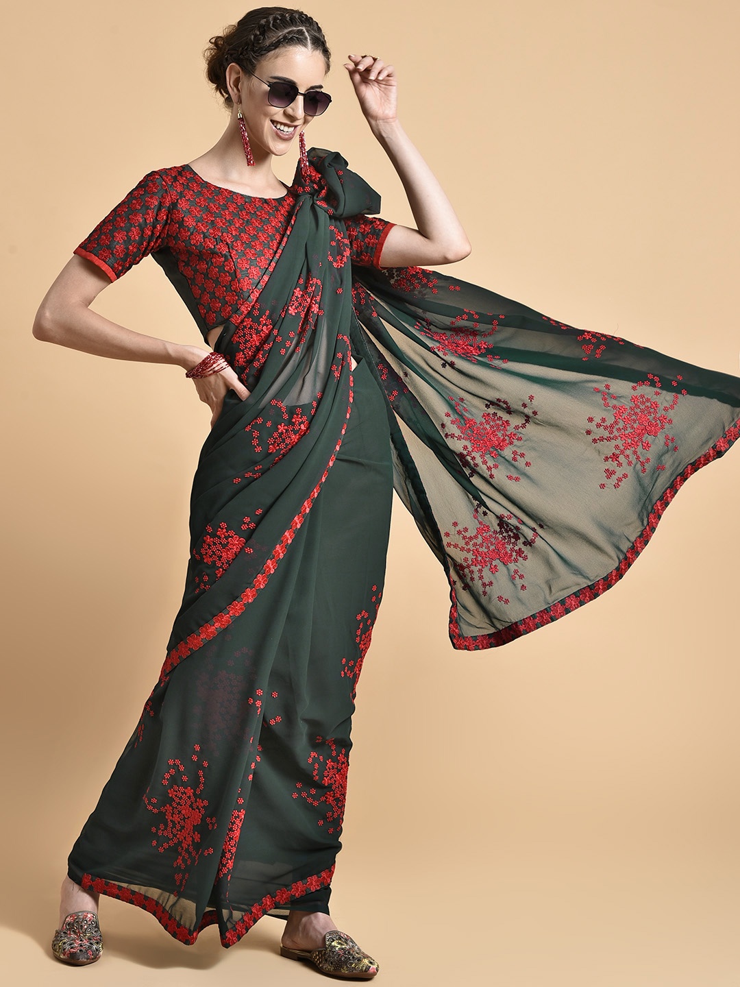 

Sangria Green & Red Floral Embroidered Pure Georgette Saree