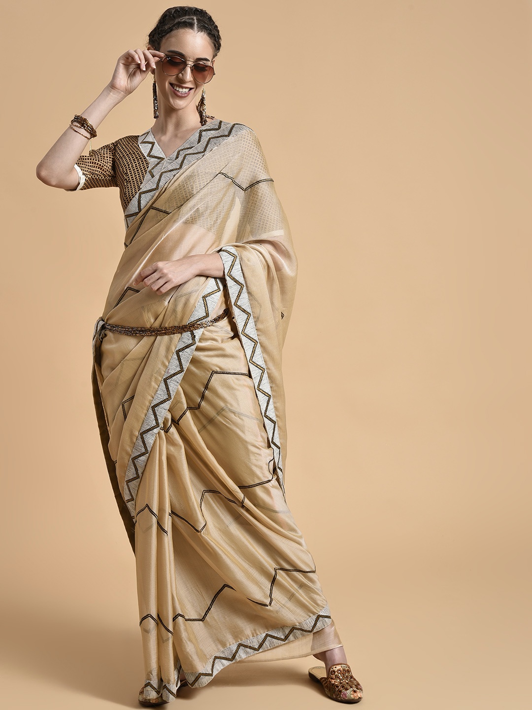 

Sangria Women Cream-Coloured & Black Striped Embroidered Pure Chiffon Saree