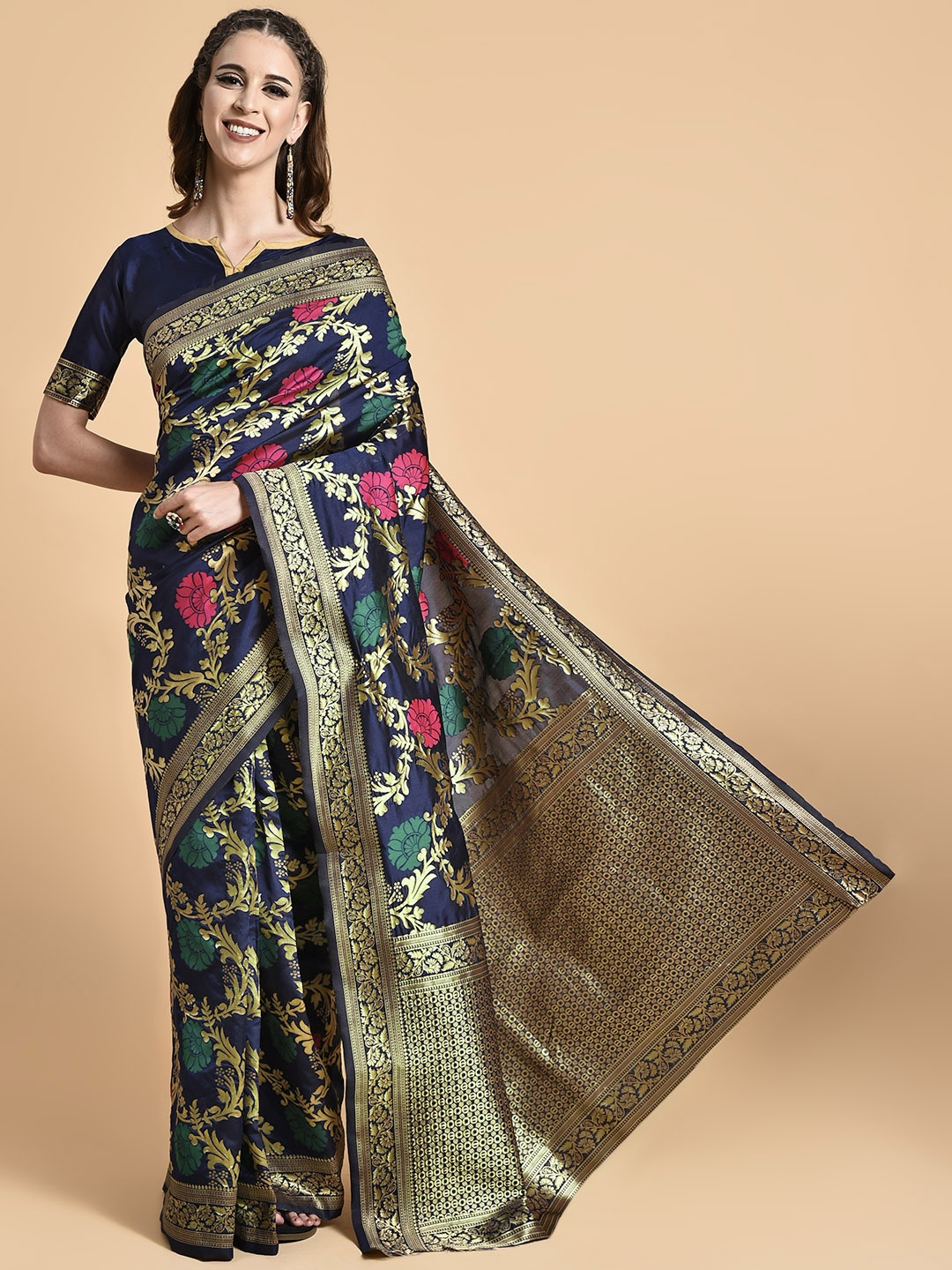 

Sangria Navy Blue & Pink Floral Zari Silk Blend Heavy Work Banarasi Saree