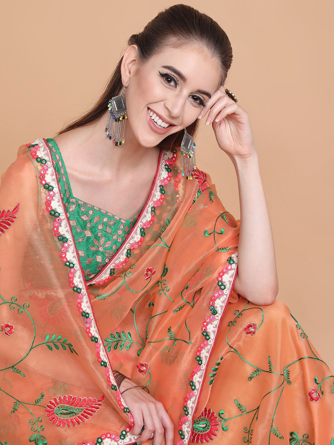 

Sangria Orange & Green Paisley Embroidered Organza Heavy Work Saree