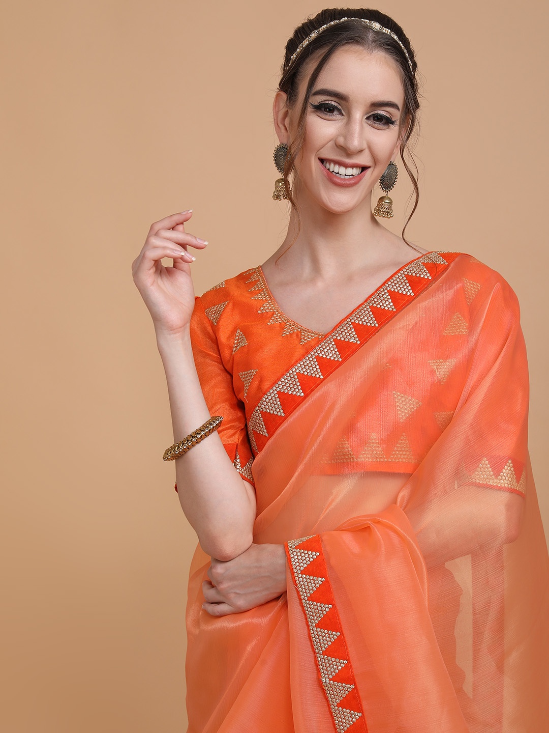 

Sangria Women Orange & Golden Sequinned Organza Saree