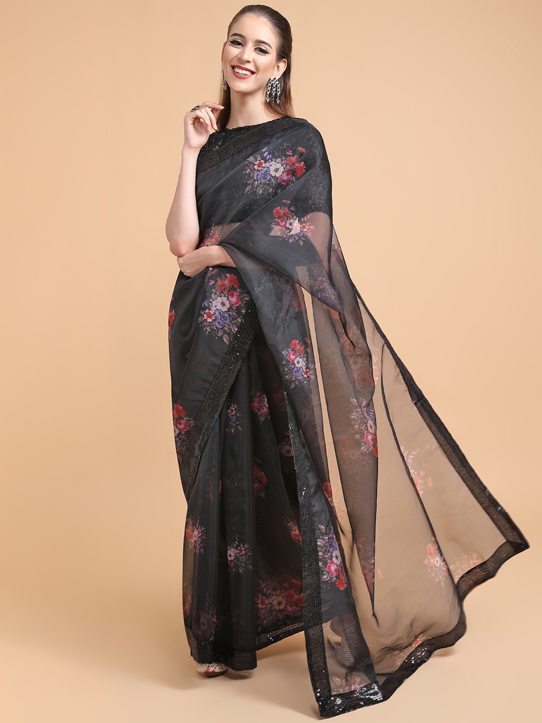 

Sangria Women Black & Red Floral Sequinned Organza Saree