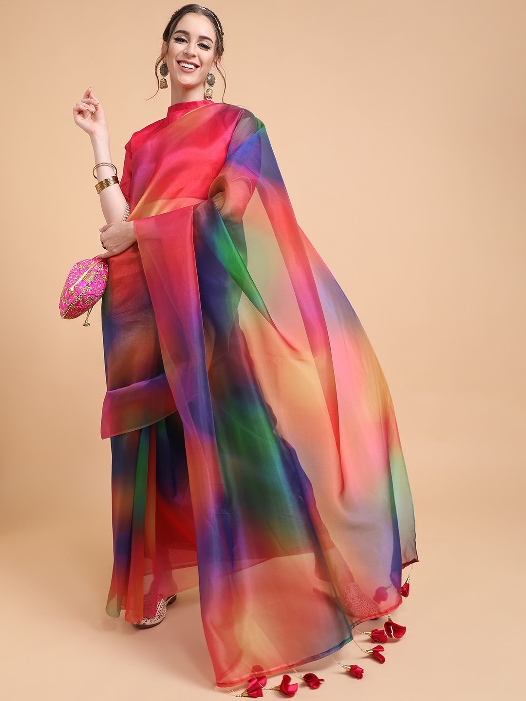 

Sangria Women Pink & Blue Ombre Beads and Stones Organza Saree