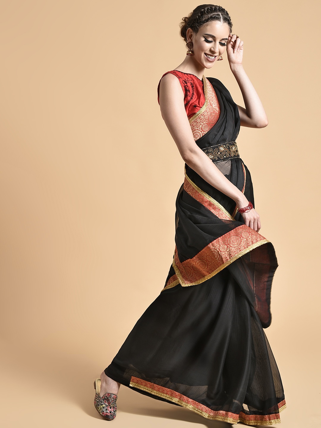 

Sangria Women Black & Red Pure Chiffon Saree